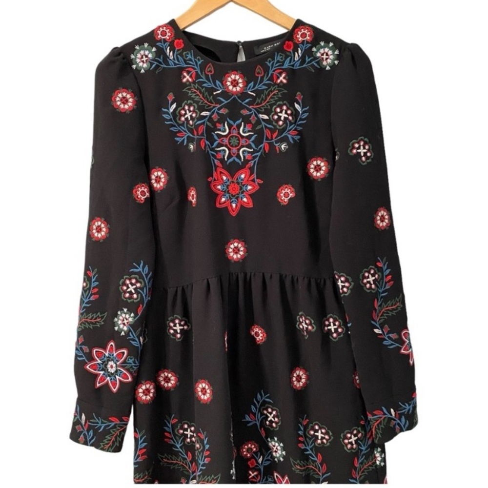 Zara Midi Floral Runways Fav Embroidered Long Sleeves Black Dress M - Picture 8 of 13